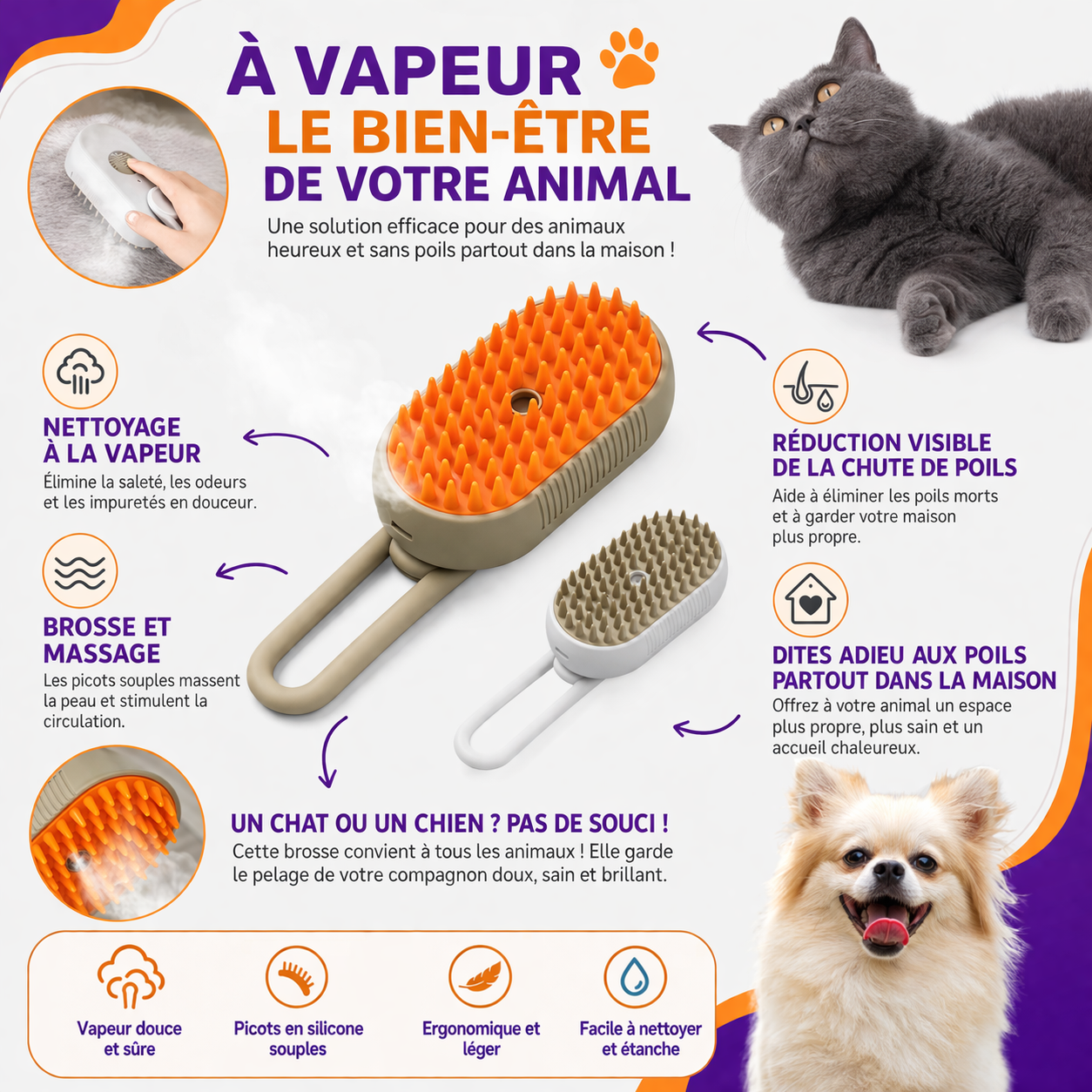 Éliminez les Poils Facilement | Brosse Vapeur 3-en-1 pour Chien et Chat