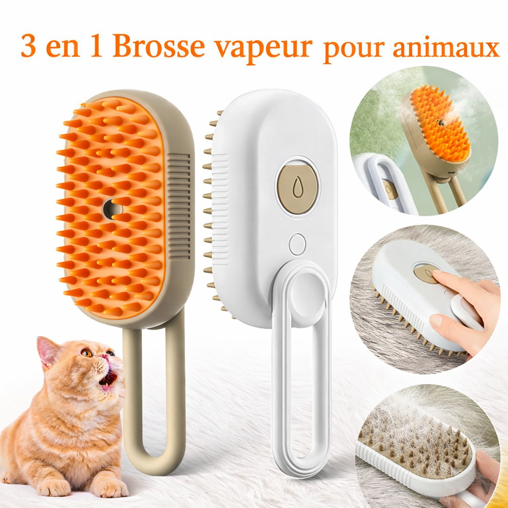 Éliminez les Poils Facilement | Brosse Vapeur 3-en-1 pour Chien et Chat