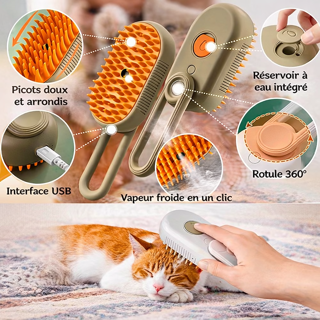 Éliminez les Poils Facilement | Brosse Vapeur 3-en-1 pour Chien et Chat