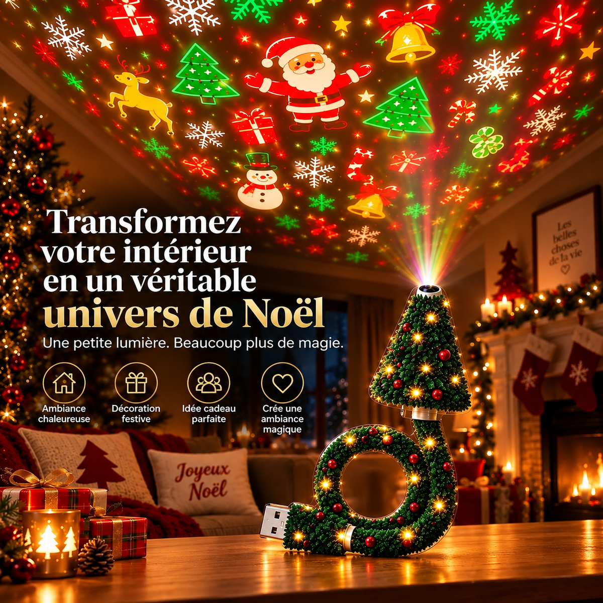 Projecteur de Noël USB en Forme de Sapin 6 Motifs Festifs