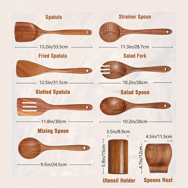 Set de 9 ustensiles en bois de teck