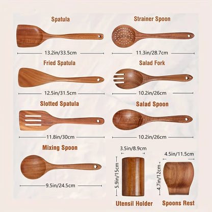 Set de 9 ustensiles en bois de teck