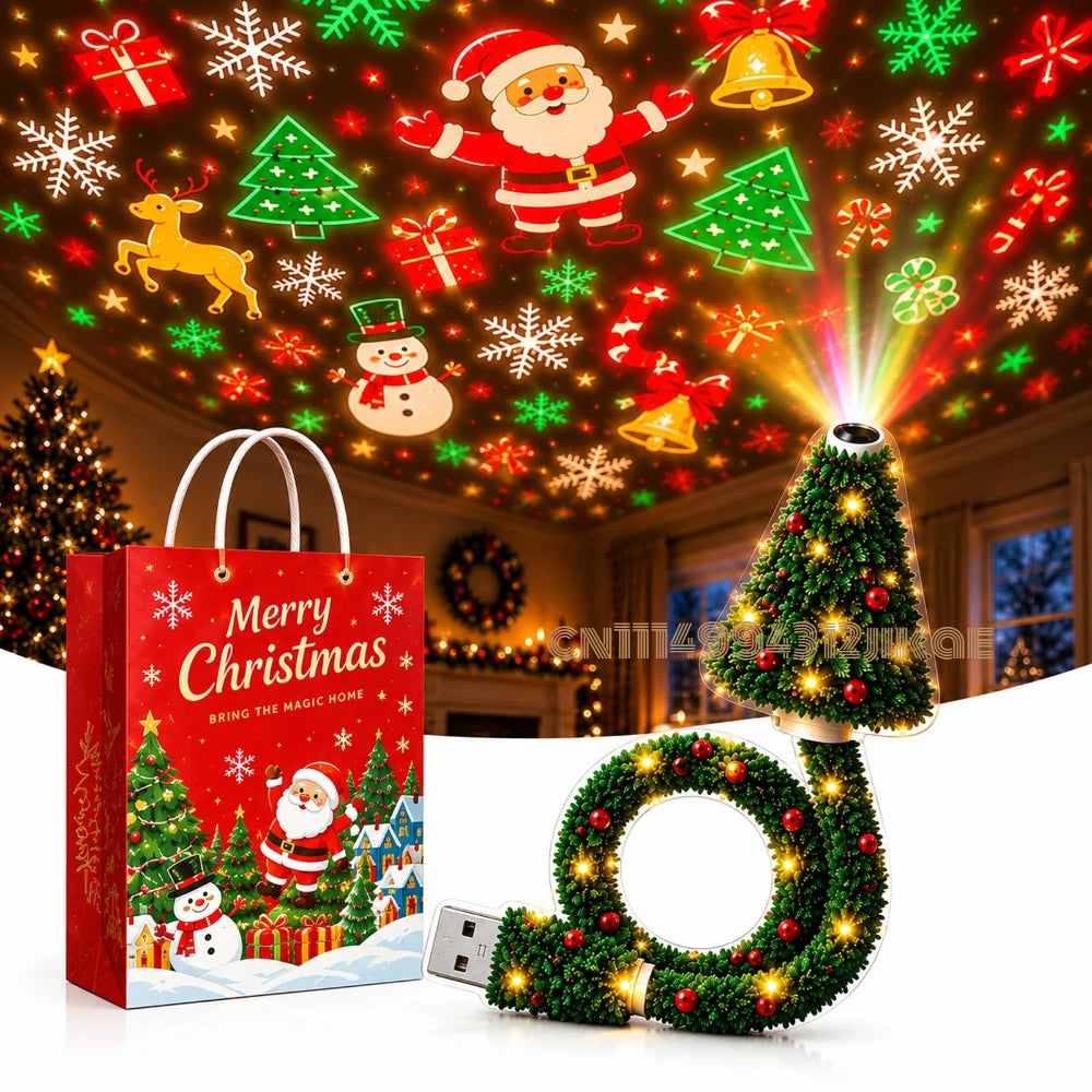 Projecteur de Noël USB en Forme de Sapin 6 Motifs Festifs