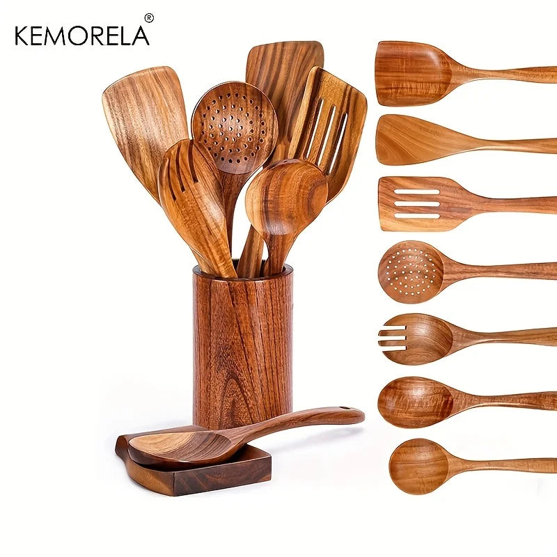 Set de 9 ustensiles en bois de teck