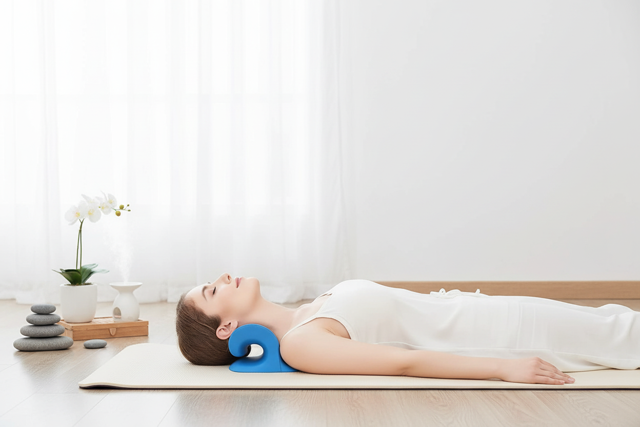 Pessoa usando o produto de tração cervical