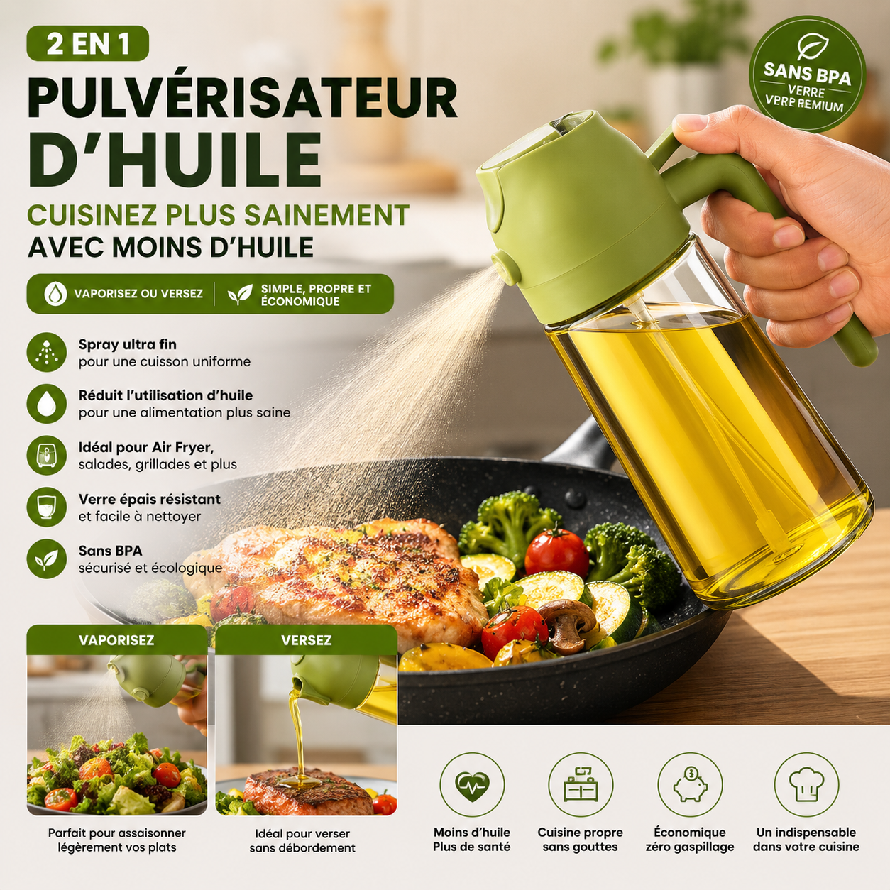 Pulvérisateur d'huile de cuisine en verre 2 en 1